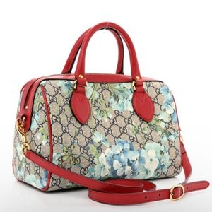 GG Supreme Monogram Blooms Small Boston Beige Blue Navy Hibiscus Red